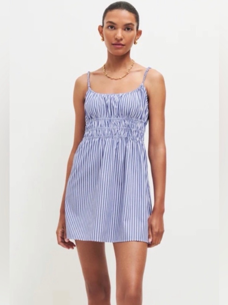 Reformation Blue & White Striped Smocked Mini Dress